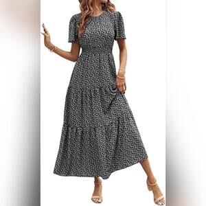 NWT Floerns Boho Floral Short Sleeve A Line Smocked Dress, Black Floral, XL